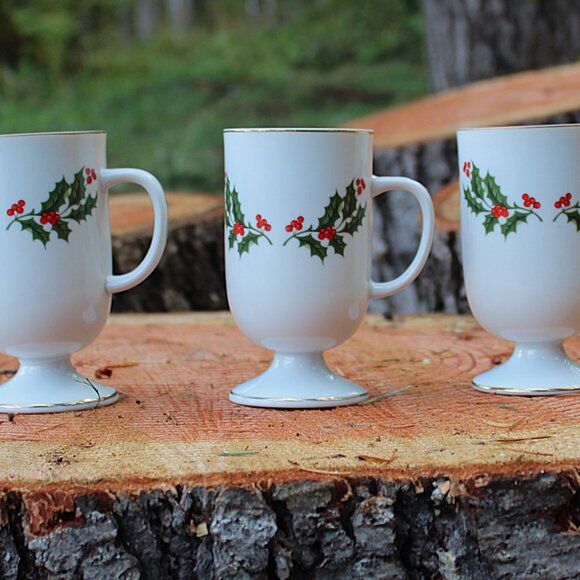 Set of Three Pedestal Mugs Kashima Trading Co. “Christmas Holly” - Picture 1 of 9